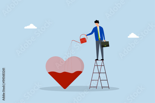 Work passion, entrepreneur pouring water to complete heart shape symbolizing fervor. 
