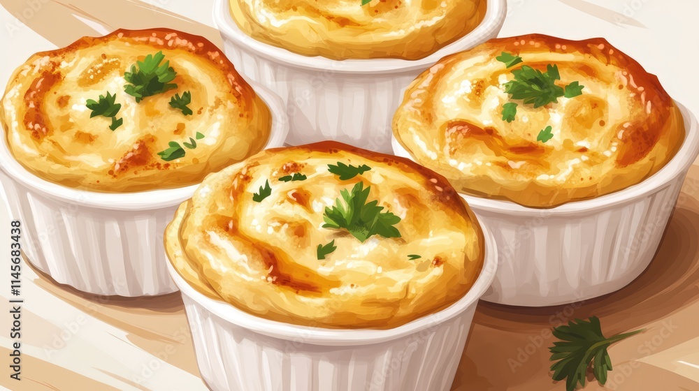 Savory golden meat pies baked to perfection served in individual ramekins garnished with fresh herbs Savory golden meat pies baked to perfection served in individual ramekins garnished with fresh herbs