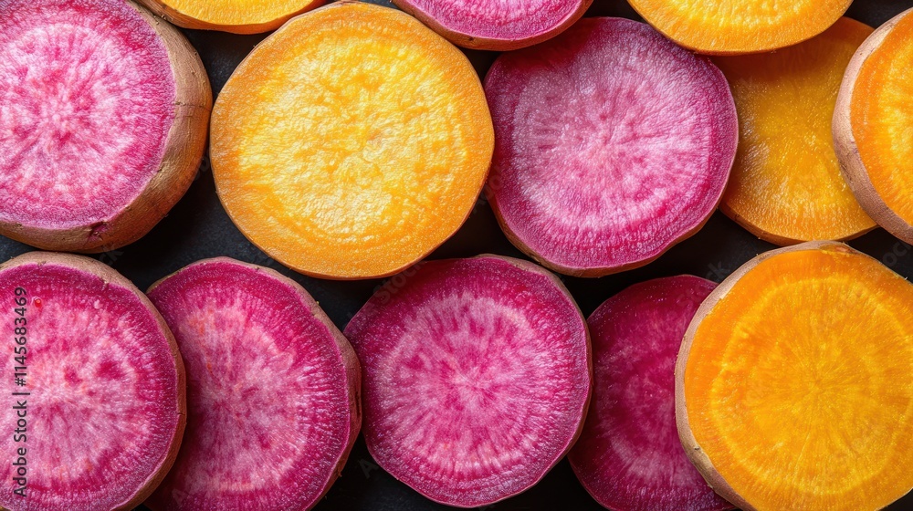 Colorful slices of watermelon radishes and sweet potatoes. Colorful slices of watermelon radishes and sweet potatoes.