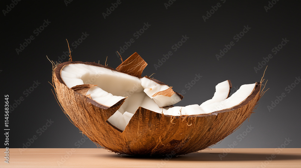 Cracked Coconut Shell with White Flesh on Wooden Surface Cracked Coconut Shell with White Flesh on Wooden Surface
