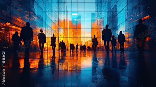 A silhouette of business people in a meeting, blurred in motion, suggesting a busy and futuristic workplace. The image represents corporate project planning and financial discussions.