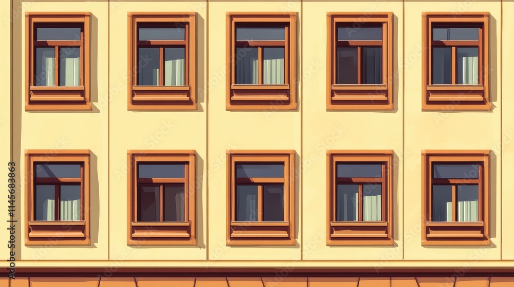 Obraz premium Geometric facade of a building showcasing brown windows and cream walls with detailed architectural elements.