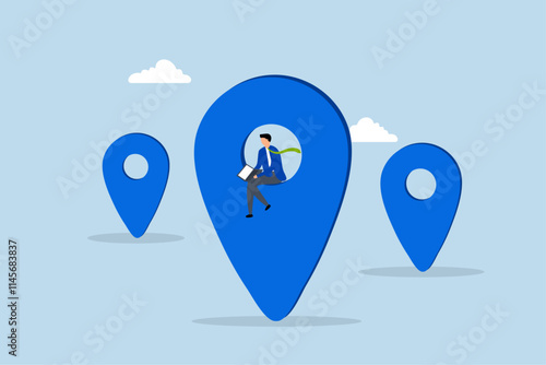Remote job or distance work, businessman utilizing a laptop remotely with a location map pin. 