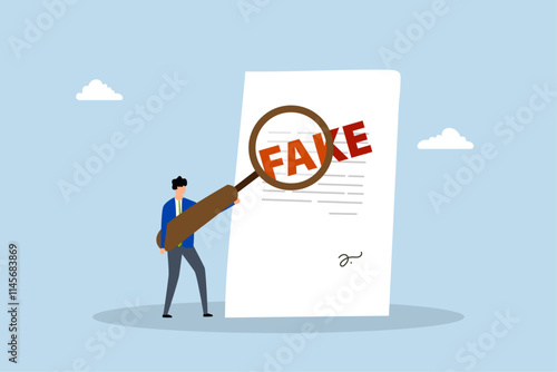 Fake document, clever entrepreneur examiner employing magnifying lens to check counterfeit document. 