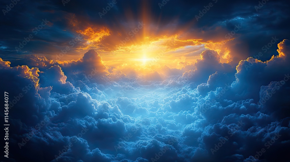 Fototapeta premium A sky with clouds and light represents heaven and the presence of God, symbolizing faith, belief, and spiritual religion.