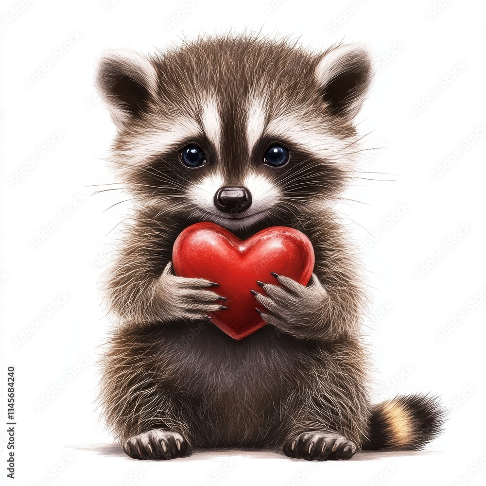 Obraz premium Playful baby raccoon holds heart-shaped candy nature wildlife close-up adorable concept