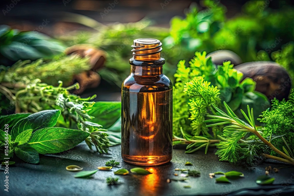 Macro Photography: Amber Glass Bottle Herbal Essential Oil Aromatherapy Dark Background Green Herbs Macro Photography: Amber Glass Bottle Herbal Essential Oil Aromatherapy Dark Background Green Herbs