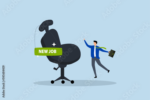 New job offer or new career opportunity, joyful upbeat entrepreneur welcoming his new job office chair. 