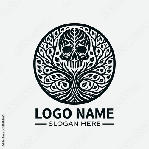 Tree of Life Skull Logo Design, Skull and Tree Symbol Logo, Life and Death Logo, Nature and Mortality Logo, Dark Fantasy Logo. 