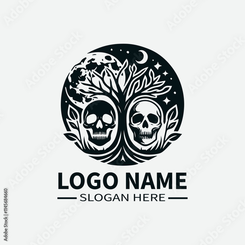 Tree of Life Skull Logo Design, Skull and Tree Symbol Logo, Life and Death Logo, Nature and Mortality Logo, Dark Fantasy Logo. 
