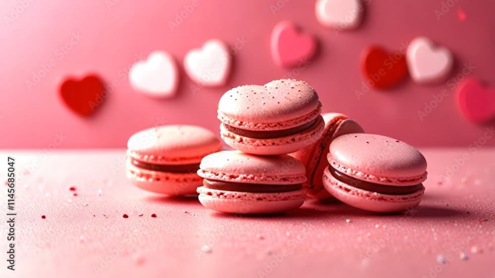 Heart-shaped macarons in pink and red are beautifully arranged on a pastel pink background, surrounded by small heart decorations, creating a delightful and romantic treat. Heart-shaped macarons in pink and red are beautifully arranged on a pastel pink background, surrounded by small heart decorations, creating a delightful and romantic treat.