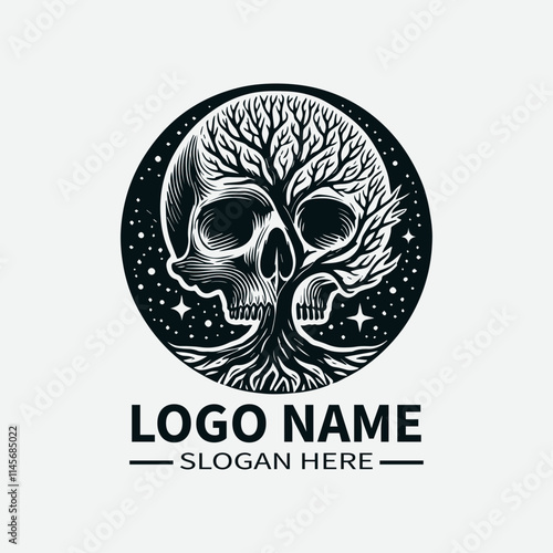 Tree of Life Skull Logo Design, Skull and Tree Symbol Logo, Life and Death Logo, Nature and Mortality Logo, Dark Fantasy Logo. 