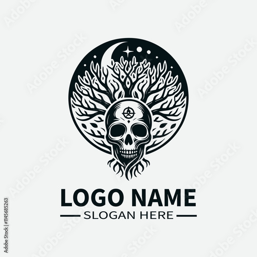 Tree of Life Skull Logo Design, Skull and Tree Symbol Logo, Life and Death Logo, Nature and Mortality Logo, Dark Fantasy Logo. 