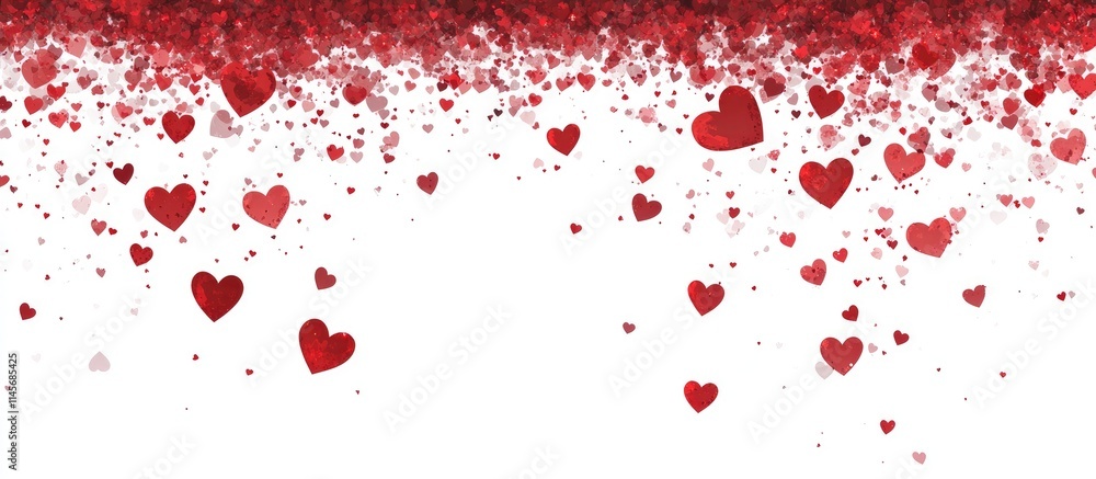 Red hearts cascading on a white background creating a romantic banner with ample copy space for text or marketing purposes. Red hearts cascading on a white background creating a romantic banner with ample copy space for text or marketing purposes.
