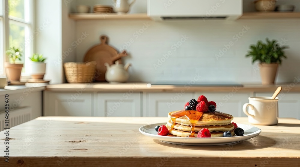 Delightful Stack of Pancakes Topped with Berries and Syrup on a Sunny Kitchen Table Delightful Stack of Pancakes Topped with Berries and Syrup on a Sunny Kitchen Table