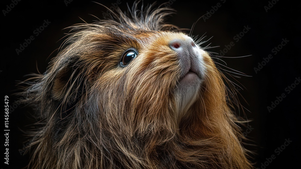 Naklejka premium A close-up portrait of a guinea pig with a fluffy coat, gazing upward.