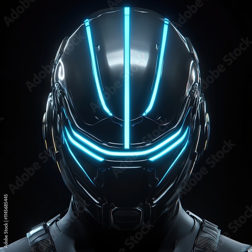 Futuristic helmet with neon blue stripes. photo