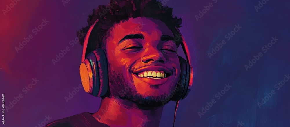 Young man enjoying music with headphones and a joyful expression in vibrant artistic colors Young man enjoying music with headphones and a joyful expression in vibrant artistic colors