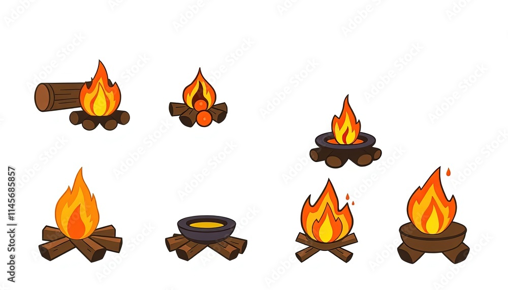 Camp Fire Icons Set Isolated On White Background Camp Fire Icons Set Isolated On White Background