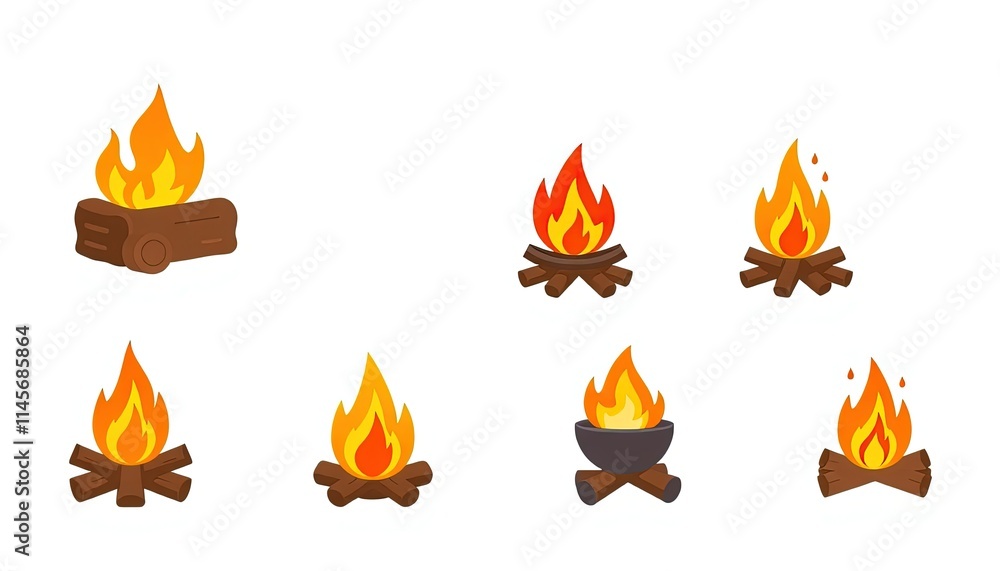 Camp Fire Icons Set Isolated On White Background Camp Fire Icons Set Isolated On White Background