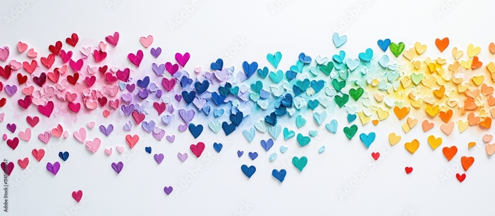 Colorful paper hearts in vibrant hues arranged in a gradient on a clean white background symbolizing love and diversity. Colorful paper hearts in vibrant hues arranged in a gradient on a clean white background symbolizing love and diversity.