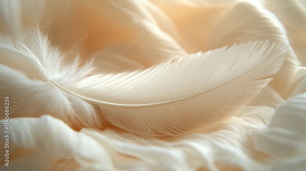 Fototapeta premium A soft feather, possibly from a bird, is captured in a closeup, highlighting its delicate texture and potential for creative design use.