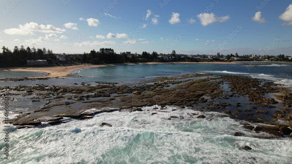 Foamy Waves Splashing At Toowoon Point In Toowoon Bay, New South Wales, Australia - Drone Shot