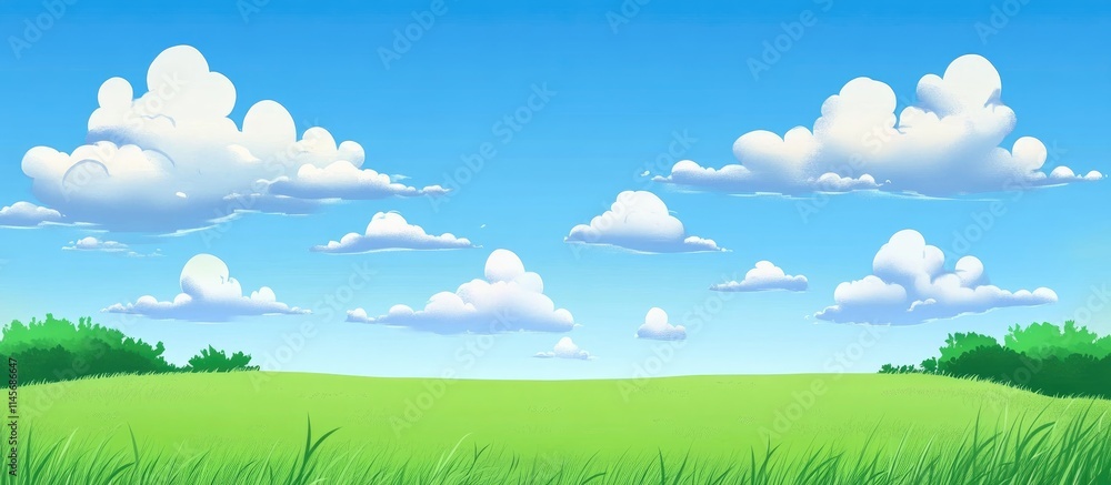 Vibrant blue sky with fluffy clouds over a lush green meadow landscape illustrating tranquility and nature's beauty. Vibrant blue sky with fluffy clouds over a lush green meadow landscape illustrating tranquility and nature's beauty.