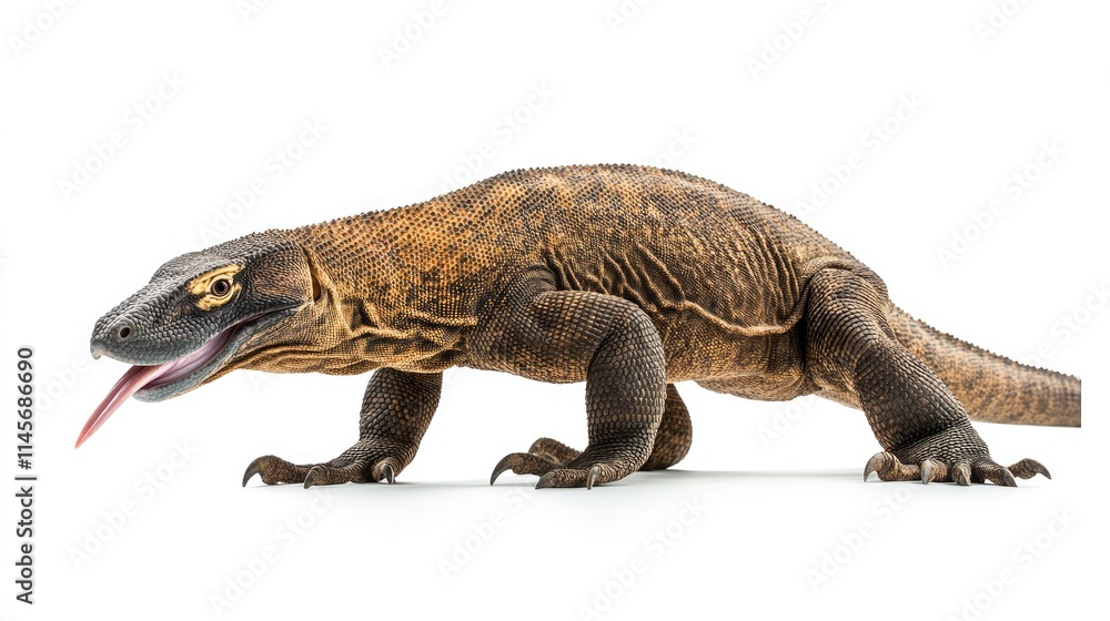 Komodo Dragon walking with tongue out isolated on white background showcasing its distinct features and natural behavior Komodo Dragon walking with tongue out isolated on white background showcasing its distinct features and natural behavior