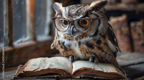 Watercolor illustration of a cute owl wearing glasses reading a book, isolated on transparent background in PNG style. photo