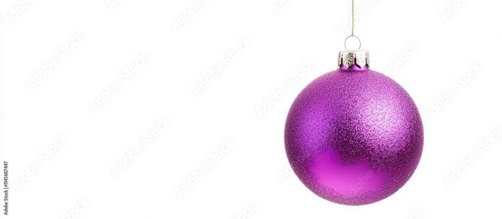 Fototapeta premium Shiny violet Christmas bauble hanging on a white background for festive holiday decoration concepts and seasonal aesthetics