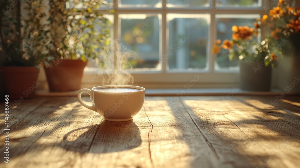 Warm cup of coffee near a sunny window. Warm cup of coffee near a sunny window.