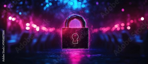 Virtual creative lock hologram with chip in a modern meeting room illustrating information security technology and innovation concepts