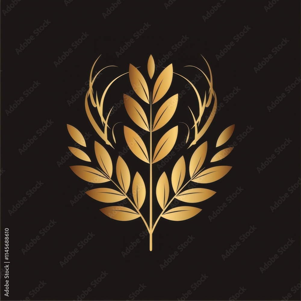 Fototapeta premium A golden emblem of leaves and wheat, a vector graphic on black background