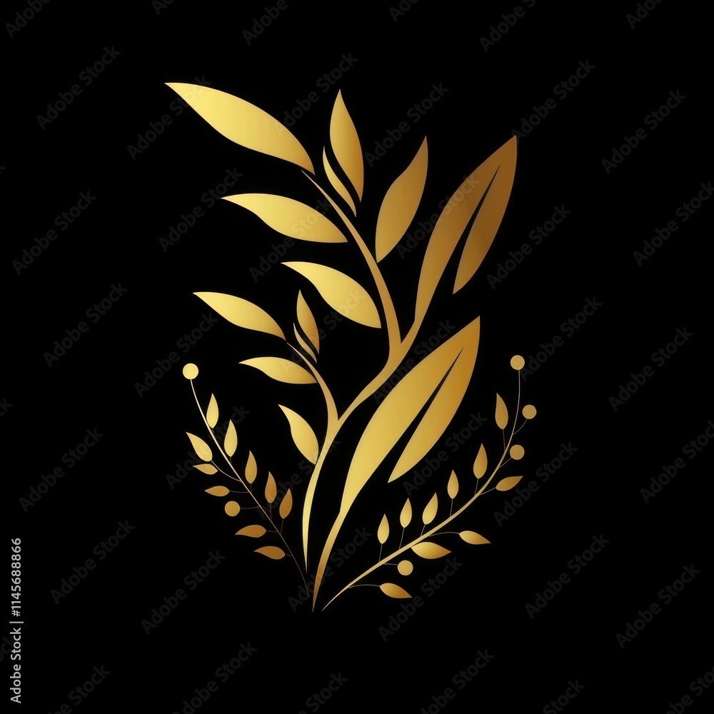 Fototapeta premium A golden emblem of leaves and wheat, a vector graphic on black background