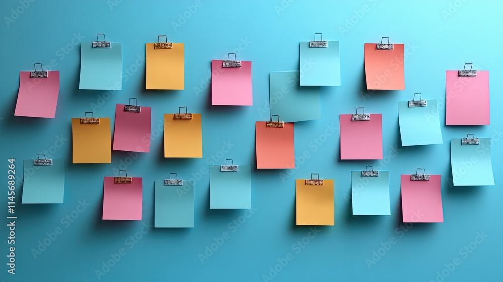 A sticky note wall with paper reminders and mockup space provides a blank canvas for tasks, agendas, schedules, and brainstorming on a blue background. A sticky note wall with paper reminders and mockup space provides a blank canvas for tasks, agendas, schedules, and brainstorming on a blue background.