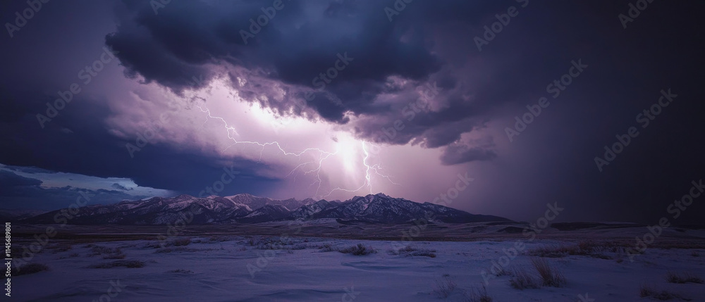 Naklejka premium Lightning Storm Snow Mountains Rocky Dramatic Cinematic