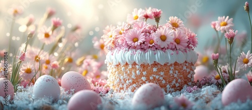 Festive cake decorated with flowers and pastel eggs surrounded by blooming flora celebrating the essence of holiday joy and sweetness
