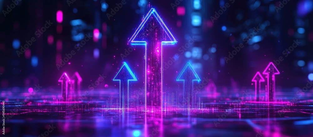 Futuristic digital landscape with glowing upward arrows symbolizing growth and innovation in technology and business analytics