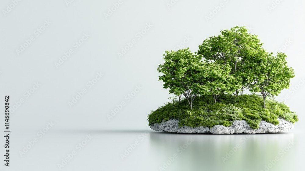 Lush green trees on a small rock island against a minimalist background. Lush green trees on a small rock island against a minimalist background.