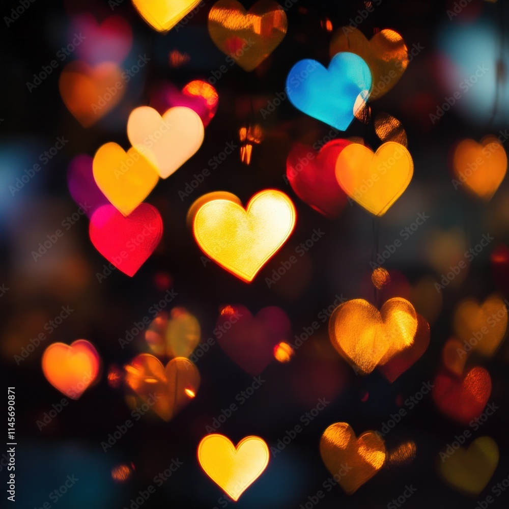 An array of colorful hanging hearts lights creates a warm, inviting ambiance ideal for romantic or festive settings. An array of colorful hanging hearts lights creates a warm, inviting ambiance ideal for romantic or festive settings.