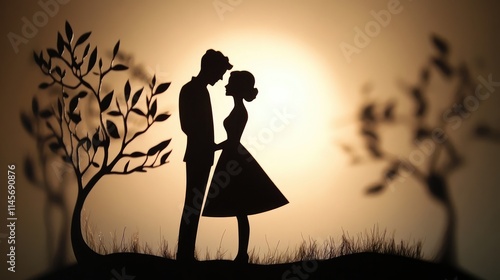 Romantic silhouette of a couple embracing against a warm sunset backdrop with nature elements creating a serene atmosphere of love. photo