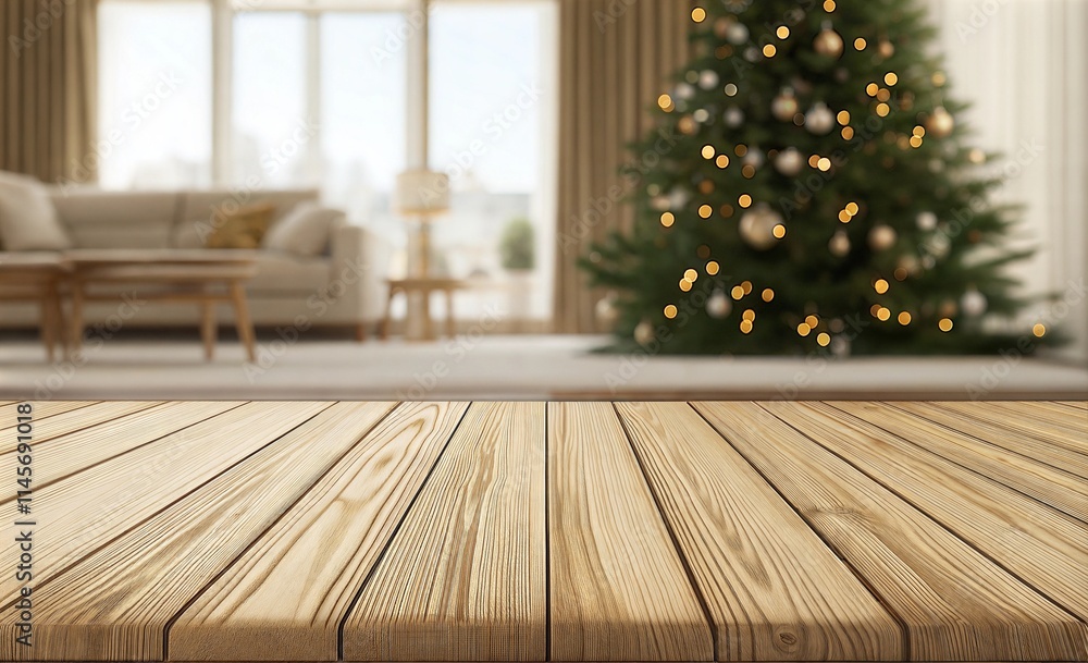 Cozy Living Room with Wooden Surface with Empty Space for Advertising and Blurred Christmas Tree and Festive Decorations in Background Cozy Living Room with Wooden Surface with Empty Space for Advertising and Blurred Christmas Tree and Festive Decorations in Background