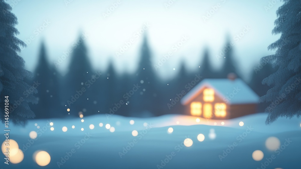 Naklejka premium Cozy Wooden Cabin in Snowy Forest during Winter with Gentle Lights and Blurred Background Featuring Serene Nature Landscape