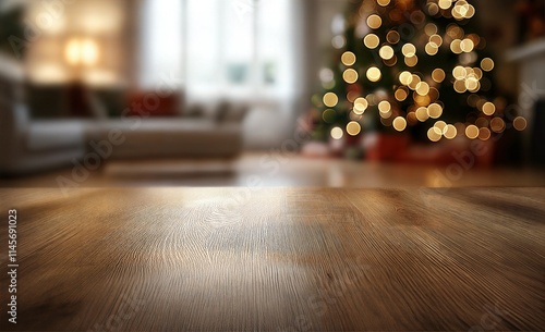 Cozy Living Room with Wooden Surface with Empty Space for Advertising and Blurred Christmas Tree and Festive Decorations in Background