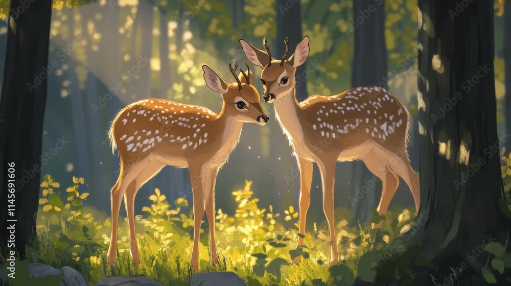 Fallow deer in mating season displaying affection in a serene forest setting with soft sunlight filtering through the trees Fallow deer in mating season displaying affection in a serene forest setting with soft sunlight filtering through the trees