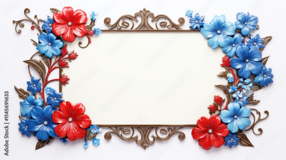 Wooden photo frame decorated with vibrant red and blue flowers on a clean white backdrop ideal for showcasing cherished memories Wooden photo frame decorated with vibrant red and blue flowers on a clean white backdrop ideal for showcasing cherished memories