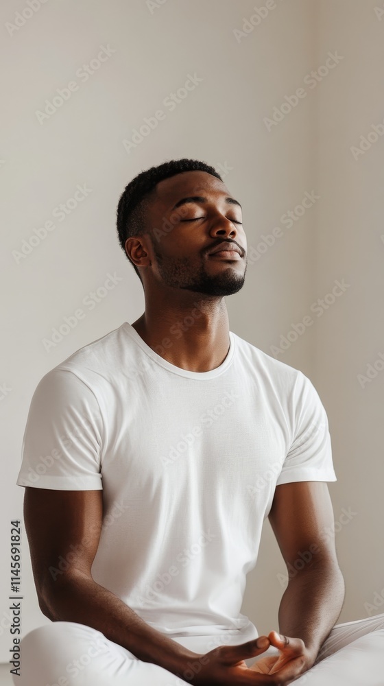 Peaceful man practicing meditation in a bright, serene environment while wearing a white t-shirt for mindfulness and relaxation. Peaceful man practicing meditation in a bright, serene environment while wearing a white t-shirt for mindfulness and relaxation.