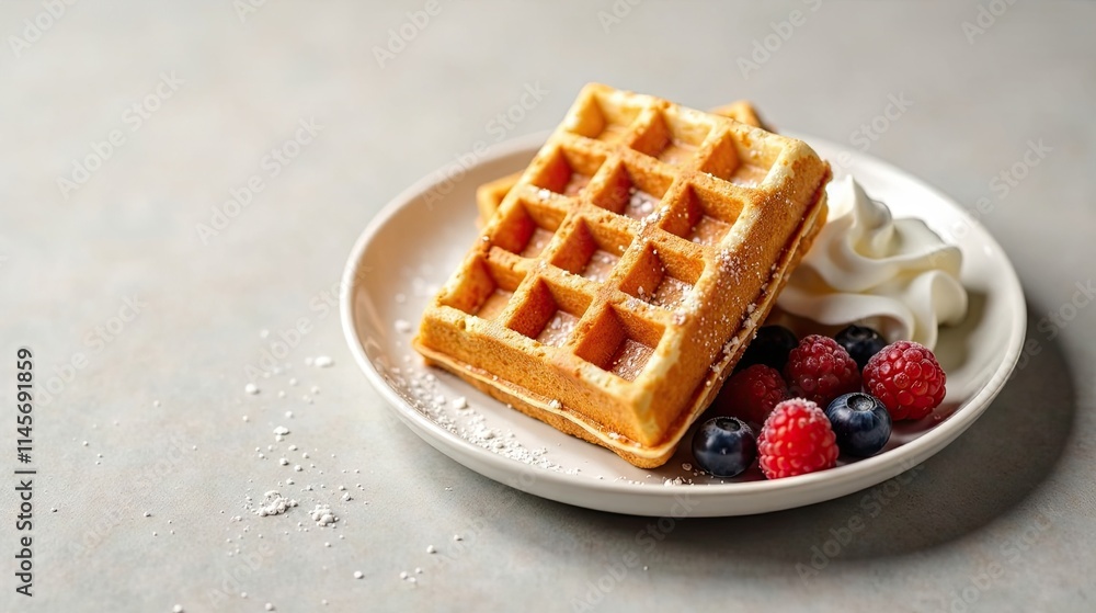 Delicious Golden Waffles Topped with Fresh Berries and Whipped Cream on a Plate Delicious Golden Waffles Topped with Fresh Berries and Whipped Cream on a Plate