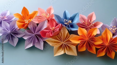 Colorful origami flowers arranged beautifully on a blue background showcasing intricate paper artistry and creativity in floral design. photo